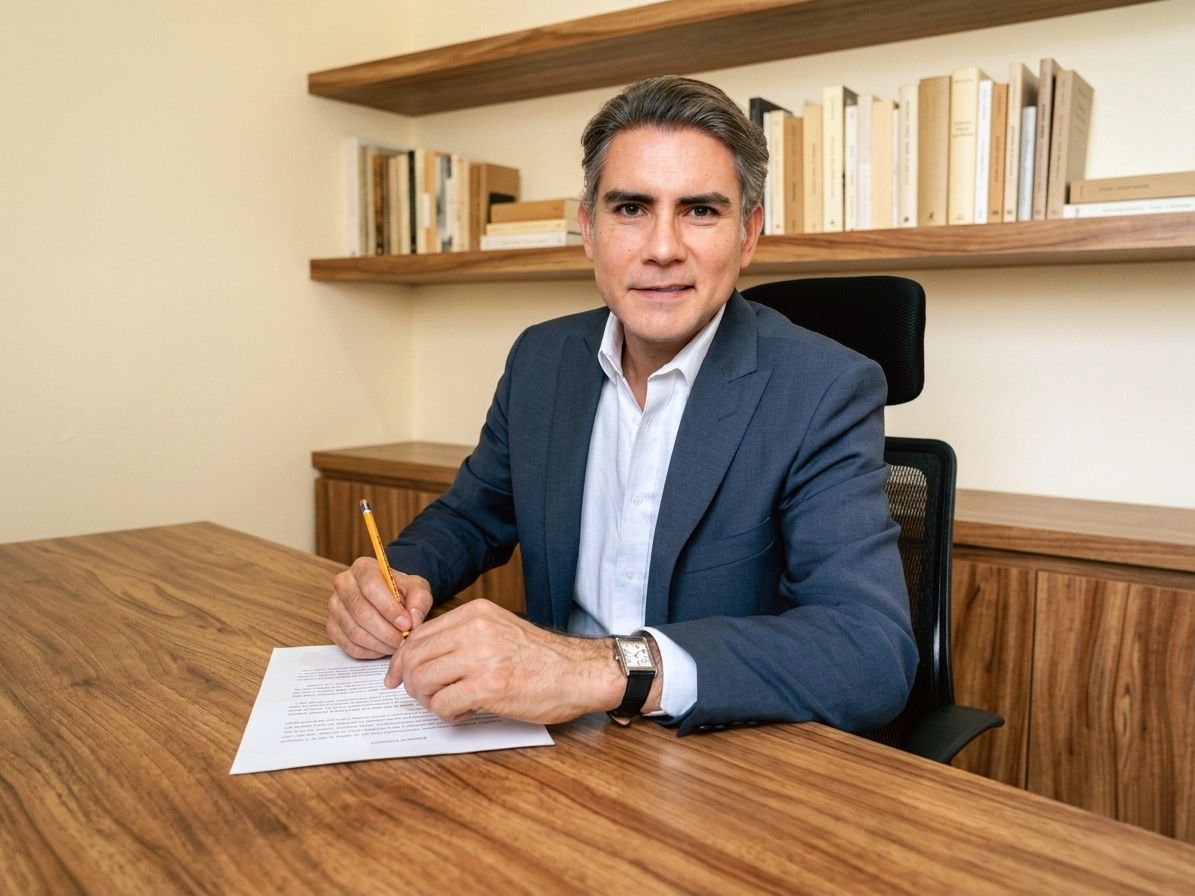 Jorge Sánchez at his desk reviewing legal documents